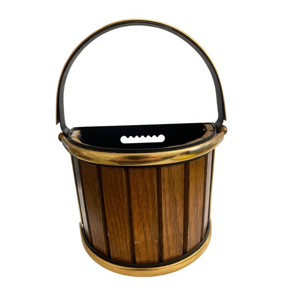 Vintage Wooden & Metal Bucket Style Wall Hanger With Brass Tone Accents & Handle